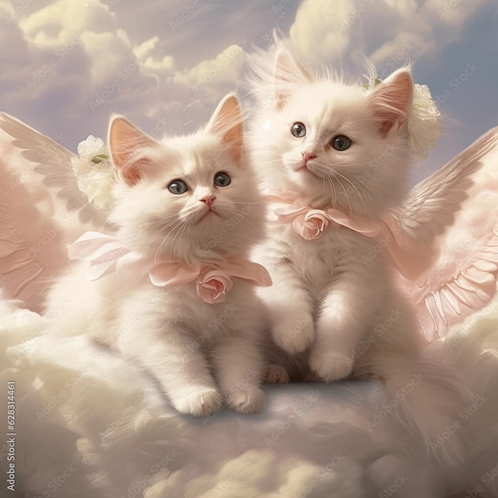 Beautiful angelic kittens on clouds.