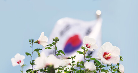 Blue sky Republic of Korea Taegeukgi and Mugunghwa flower and Samiljeol and Liberation Day, Constitution Day and Hangeul Day and Memorial Day Korean national holidays background
