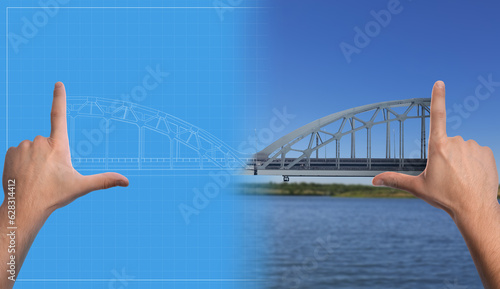 From idea to action. Man making frame gesture and fulfilling project into reality, closeup. Combination of blueprint and photo of bridge photo