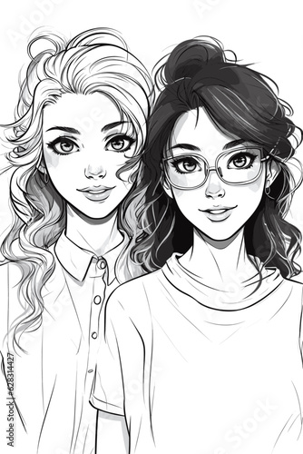 Happy black and white portraits of teenage girls, happy girls in anime or manga style. Simple vector white and black