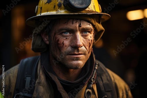A male firefighter in a yellow uniform and helmet. Generative AI