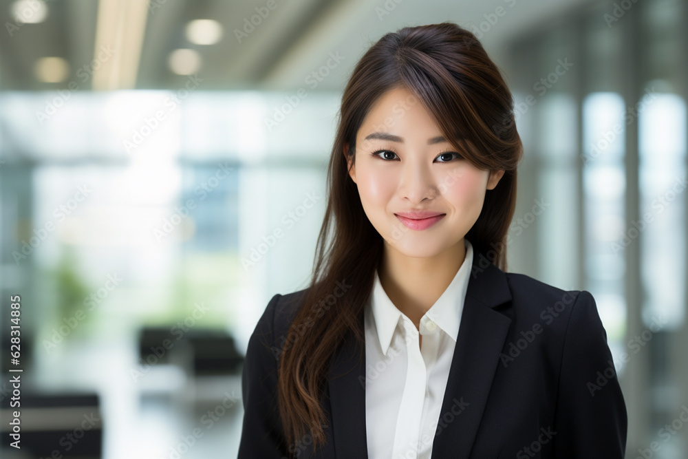 Attractive Japanese business woman smiling in suit jacket with leader attitude. Business success. feminine power. AI generated image Attractive Japanese business woman smiling in suit jacket with leader attitude. Business success. feminine power. AI generated image