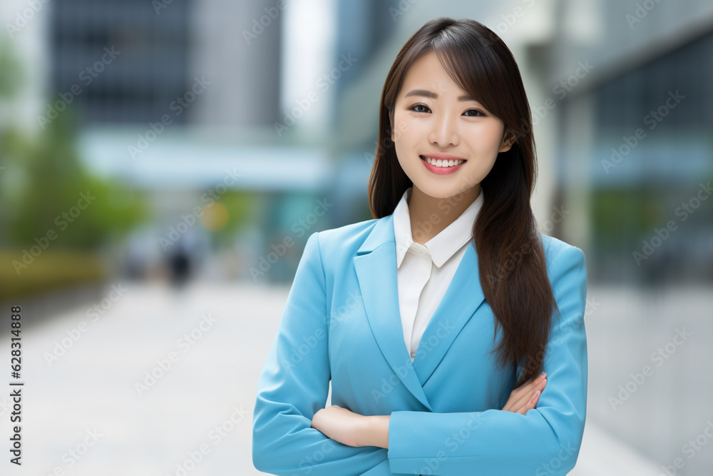 Attractive Japanese business woman smiling in suit jacket with leader attitude. Business success. feminine power. AI generated image Attractive Japanese business woman smiling in suit jacket with leader attitude. Business success. feminine power. AI generated image