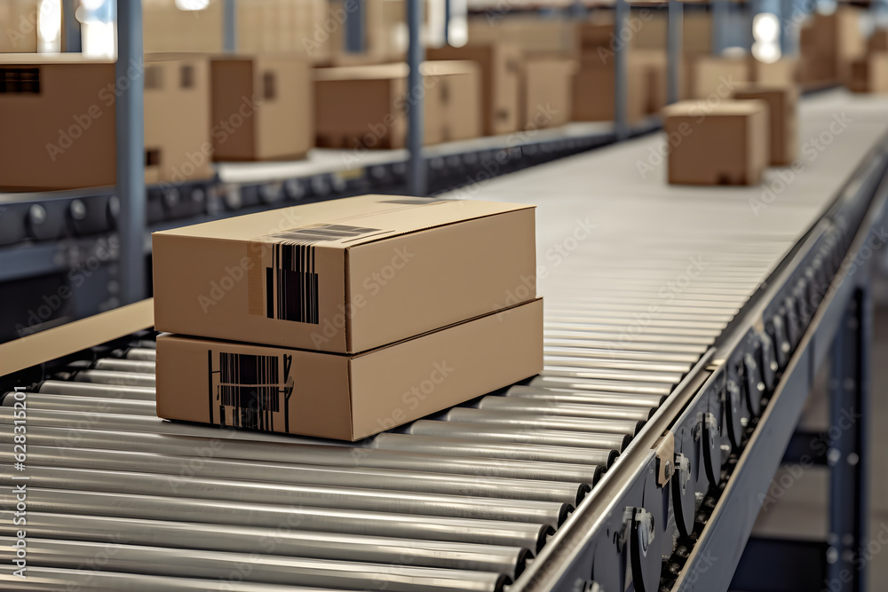 cardboard boxes on conveyor rollers ready to be shipped by courier for distribution cardboard boxes on conveyor rollers ready to be shipped by courier for distribution