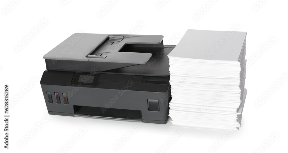 Modern printer and stack of paper on white background Modern printer and stack of paper on white background