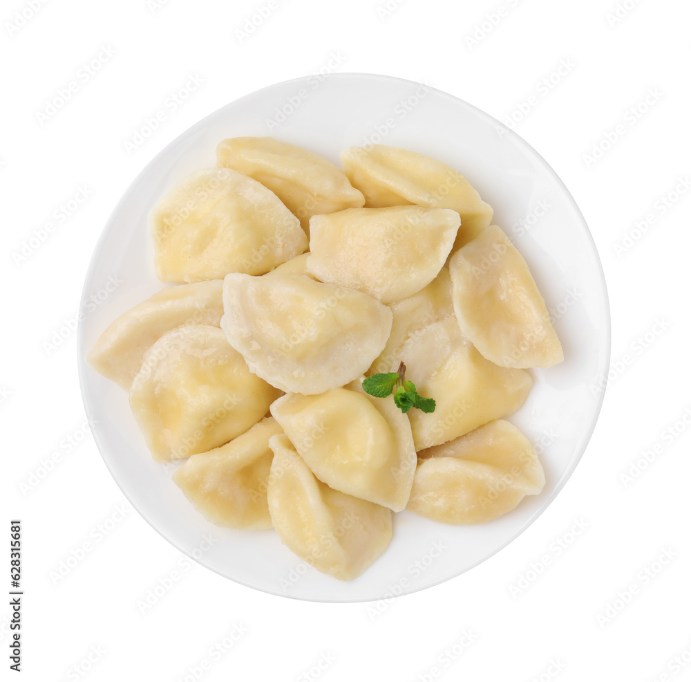 Plate of delicious dumplings (varenyky) with cottage cheese isolated on white, top view