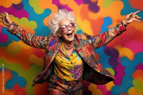 A funny elderly woman dancing in front of a color backdrop. Generative AI photo