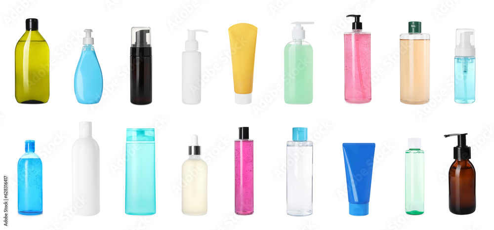 Set of different face cleansers or other cosmetic products isolated on white Set of different face cleansers or other cosmetic products isolated on white