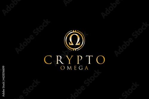 Crypto currency bit coin omega shape logo design luxury gold icon symbol