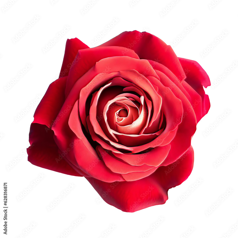 Fototapeta premium Beautiful red hybrid tea rose flower blooming isolated on a white or transparent background. Rose flower is symbol of love, desire, romance, and gifts for anniversaries or Valentine's Day.