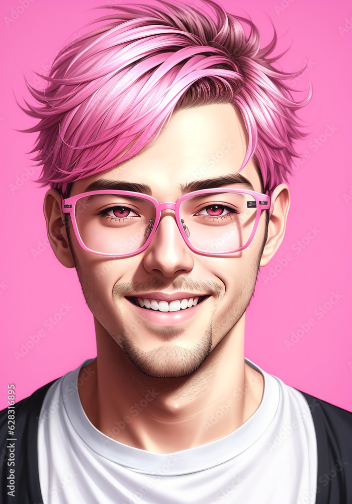Portrait of a handsome young man with pink hair and glasses. Generative AI Portrait of a handsome young man with pink hair and glasses. Generative AI