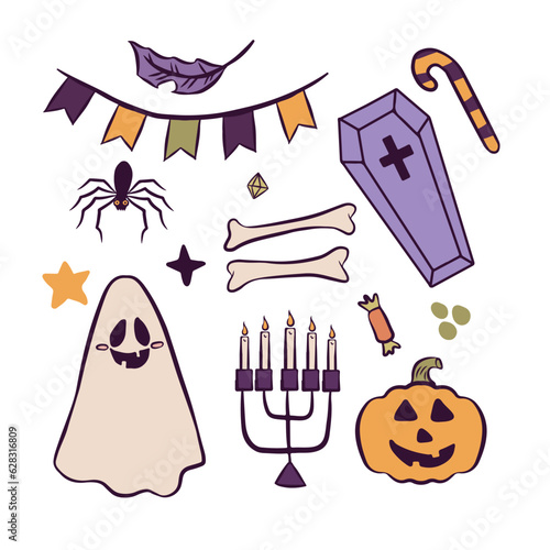 Halloween set featuring Stingy Jack Pumpkin, candy, feather, ghost, coffin, bones, stick candy, spider, candlestick and pennants. Vector Illustration isolated on transparent background. photo