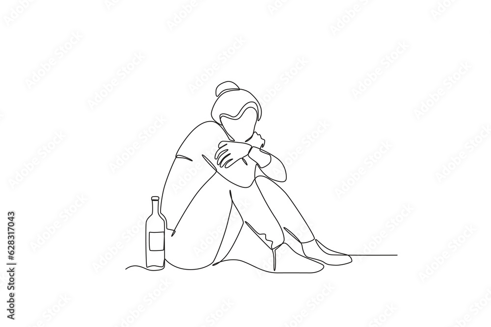 A homeless person sits cold. Homeless one-line drawing A homeless person sits cold. Homeless one-line drawing