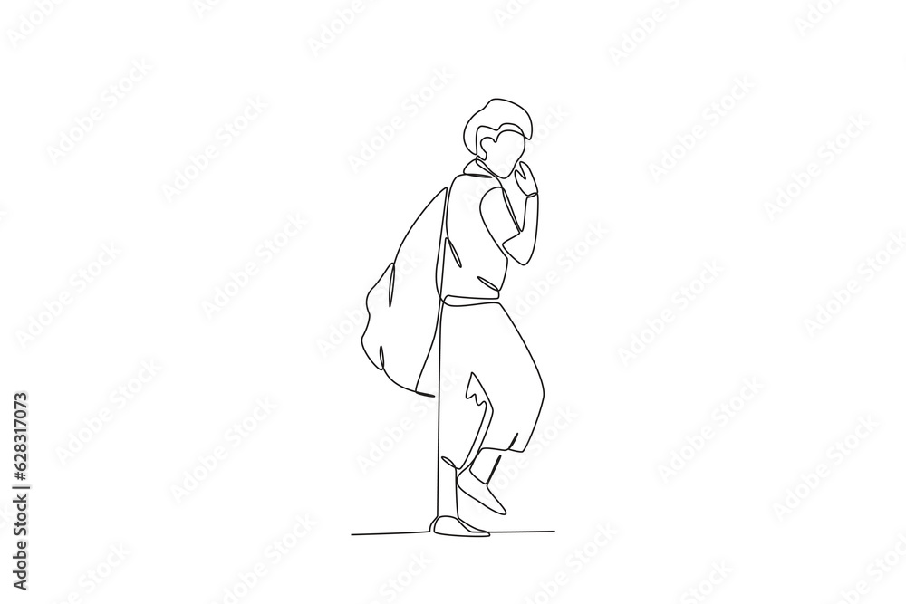 A beggar carries a pouch on his back. Homeless one-line drawing A beggar carries a pouch on his back. Homeless one-line drawing