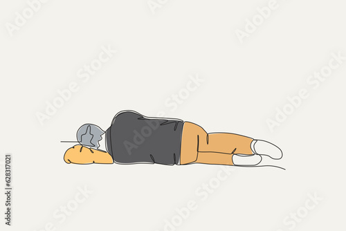 Color illustration of a homeless man sleeping on the street. Homeless one-line drawing