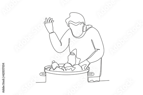 A homeless man picking up trash. Homeless one-line drawing