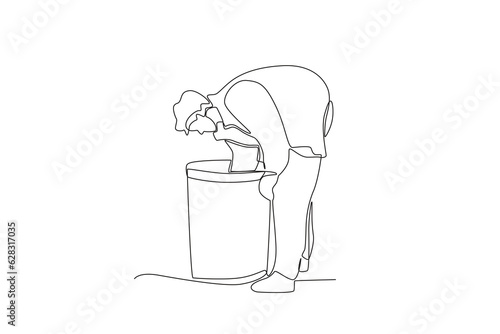 A homeless person searches for food in a garbage can. Homeless one-line drawing