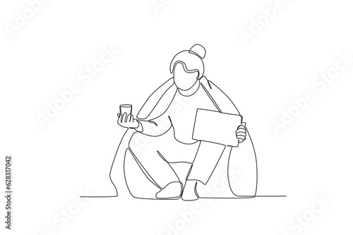 A homeless man asks for alms. Homeless one-line drawing