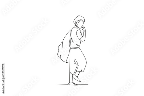 A beggar carries a pouch on his back. Homeless one-line drawing