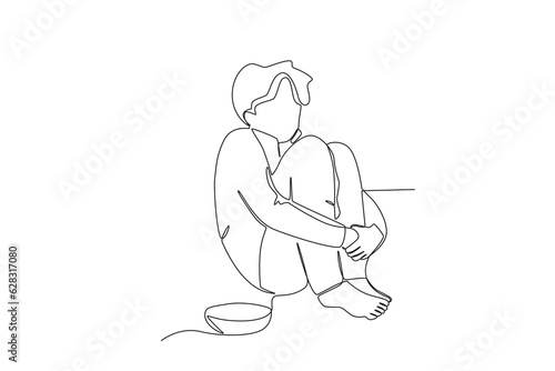 A beggar sat down for help. Homeless one-line drawing