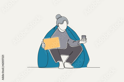 Color illustration of a homeless man begging holding a can and paper . Homeless one-line drawing