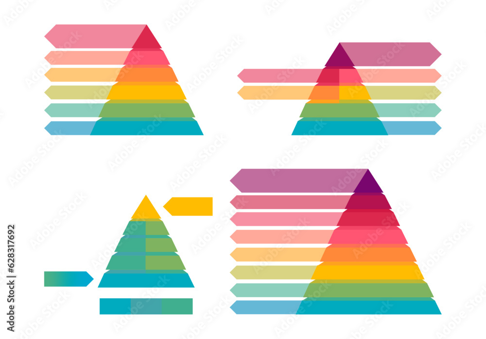 Simple pyramids made of five, six and eight thick layers, space for text, infographics element. Layout element for presentation, report, banner, etc. Simple pyramids made of five, six and eight thick layers, space for text, infographics element. Layout element for presentation, report, banner, etc.