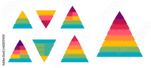 Simple pyramids made of three, five, six and eight thick layers, space for text, infographics element. Layout element for presentation, report, banner, etc.