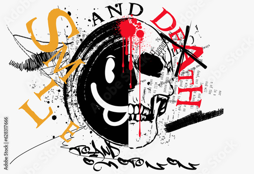 typography street art graffiti with spray splash effect,  urban Graffiti street art style slogan, melted and skull happy emoji illustration in street style