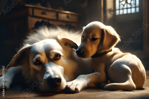 A scene where a mother dog and a puppy feel comfortable. Generative AI