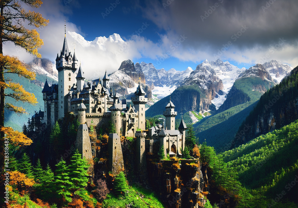 Beautiful medieval castle in the mountains. Fantasy landscape with fantasy castles. Generative AI.
