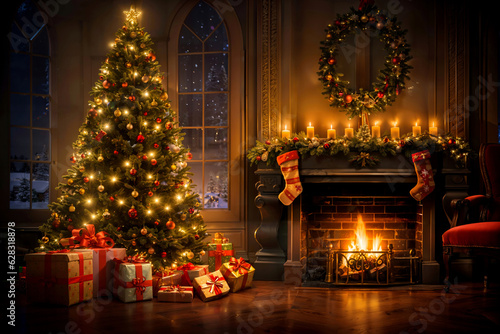 Wallpaper Mural 暖炉のある部屋とクリスマスツリーとプレゼント、生成AI Torontodigital.ca