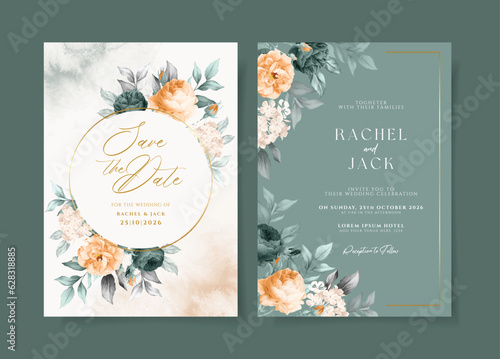 Elegant watercolor wedding invitation template set with emerald green orange floral and leaves decoration