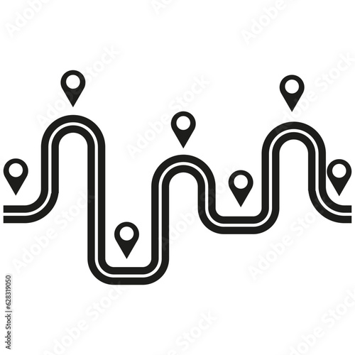 Highway winding route track. Curve asphalt road path with pin pointers. Vector illustration. EPS 10.