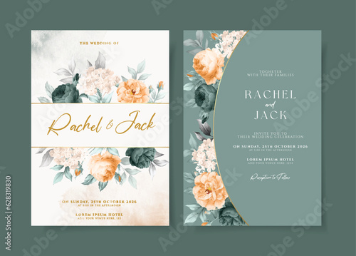 Elegant watercolor wedding invitation template set with emerald green orange floral and leaves decoration