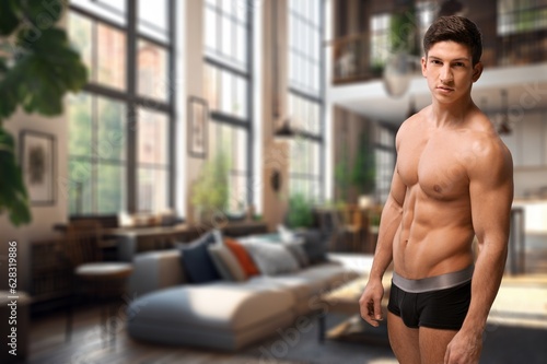 Handsome young muscular man posing at home, AI generated image