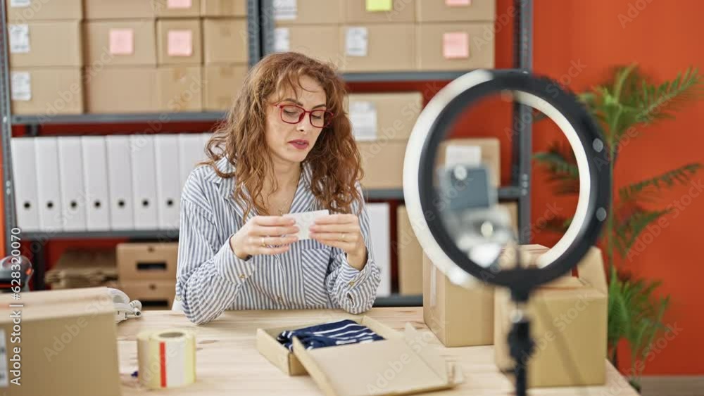 Young woman ecommerce business worker recording video tutorial packing clothes on cardboard box at office Young woman ecommerce business worker recording video tutorial packing clothes on cardboard box at office