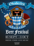 oktoberfest poster with hat with munich flag colors, market stall, beer mug, pretzel and others element. october german beer festival flyer