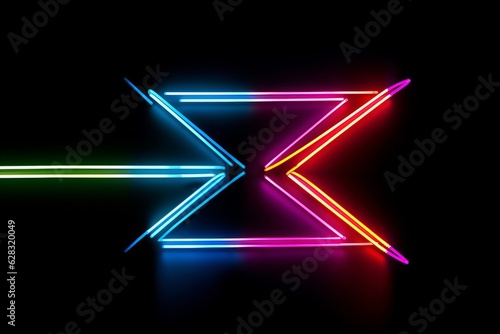 colorful neon sign arrow showing right and building a geometrical shape on a black background. arrow out of lines and lights. wallpaper background. Generative AI