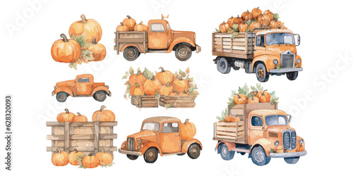 Watercolor Truck with Pumpkins clipart for graphic resources