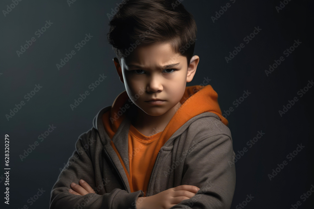 Angry cute kid with arms crossed. Generative AI Angry cute kid with arms crossed. Generative AI