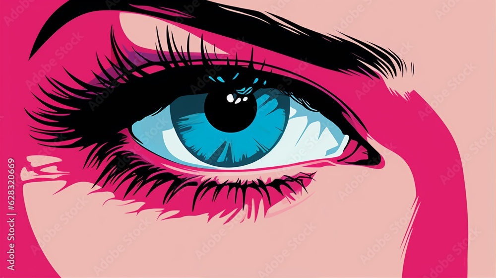 Close up woman eye illustration, pink and blue , cartoon style.