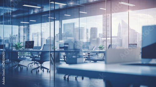 Blurred background of a light modern office, business style extra wide backdrop.