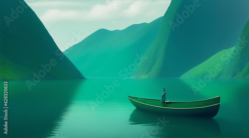 A lone figure in a small boat, surrounded by a vast expanse of emerald-green mountains and a deep lake