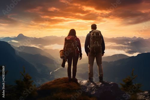 Couple hiking. hiking on the edge concept