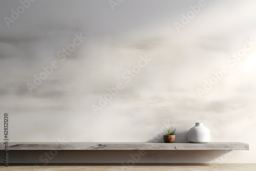blank shelf for display of presentation product with Gray wall room with windows showing sunlight, vase and pot with a plant in the style of minimalist background, modern interior concept, AI generate