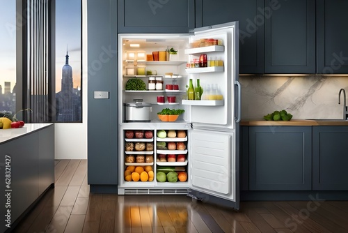 an open refrigerator filled with lots of different types of food and drinks in it's door, with a shelf full of fruits and vegetables. modern kitchen apartment interior photo