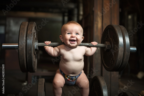 Little smiling strong baby boy lifts a barbell. Generative AI