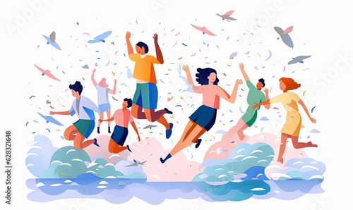 Young people jumping with freedom and happiness.
