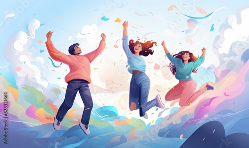 Young people jumping with freedom and happiness.