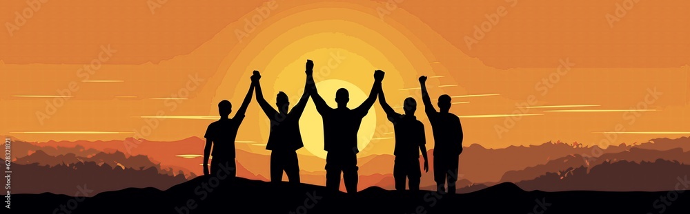 Young people raise and clap hands together happily at sunset. Young people raise and clap hands together happily at sunset.